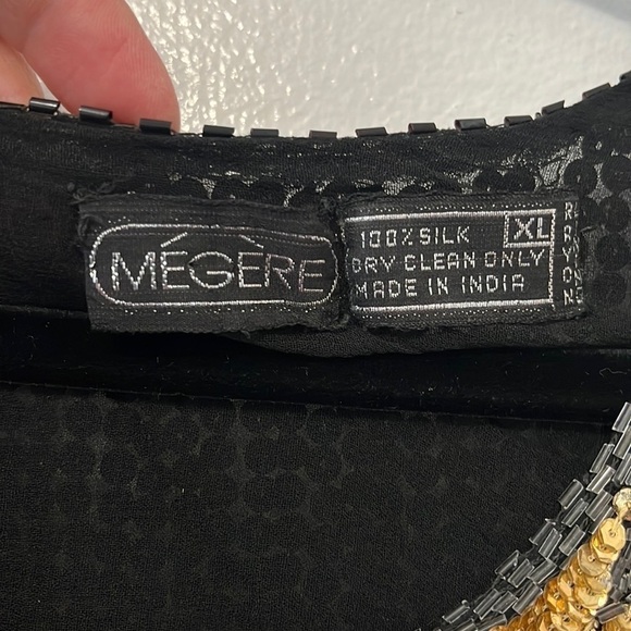 Vintage Megere Beaded Silk Black Yellow Abstract Design Formal Tunic Blouse - Picture 2 of 5